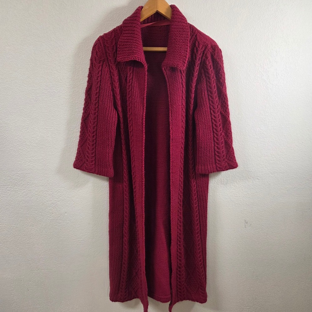 Handknit Red Cable Knit Duster Cardigan Long Open Front Collared Sweater